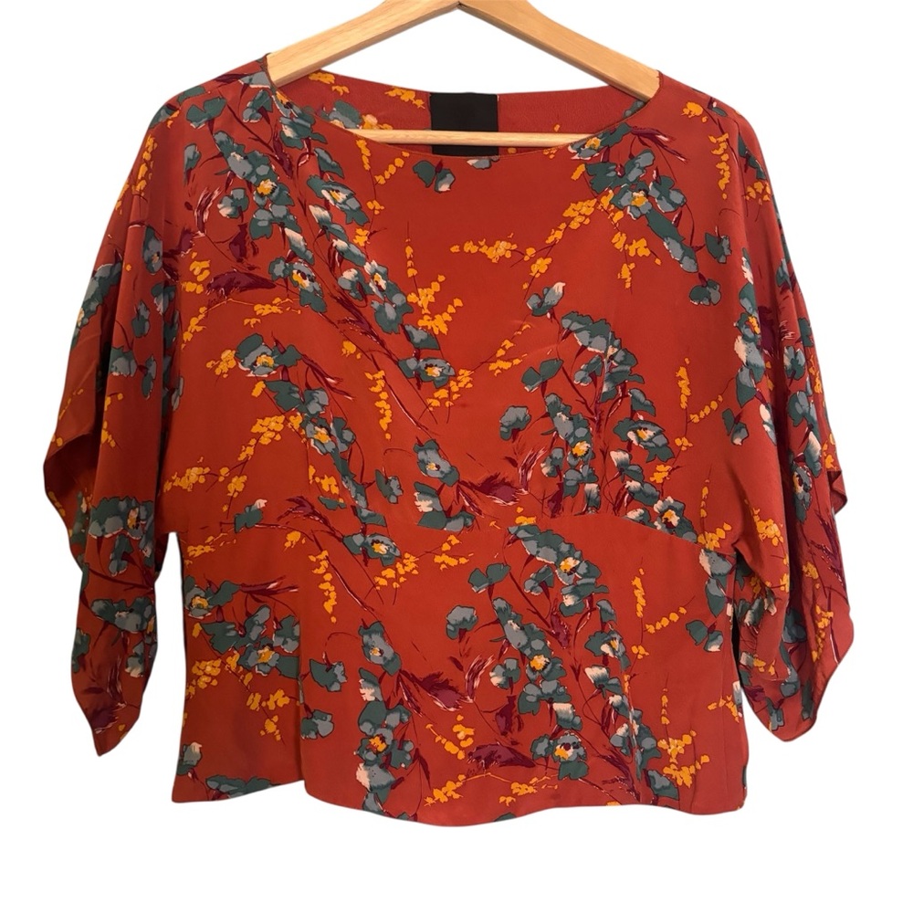 Anna Sui Orange Wrap Blouse with 3/4 Sleeves